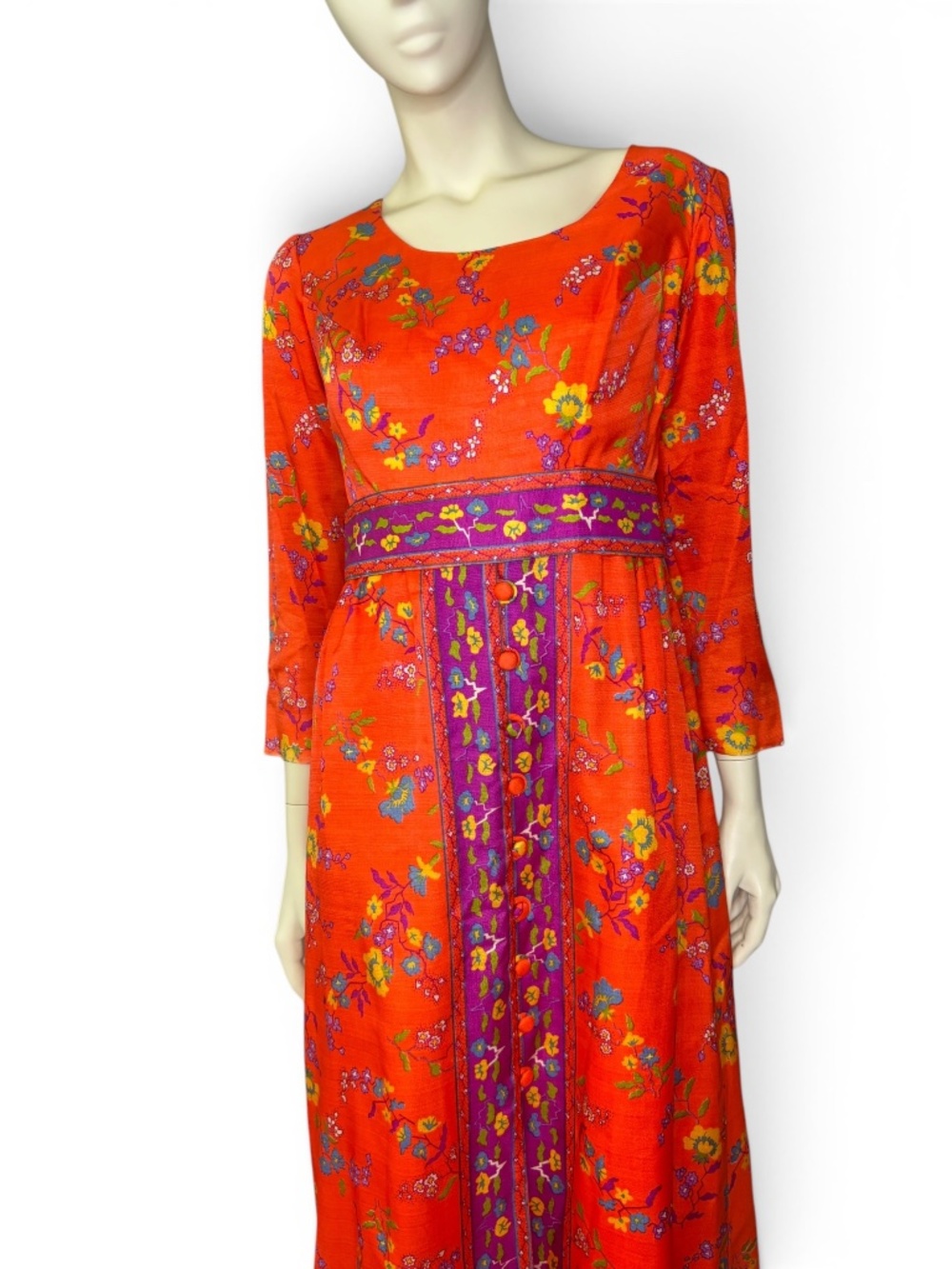 1970s‎ Floral Bohemian Asian Motif Maxi Dress with Contrast Panel & Waist Detail - Picture 7 of 7